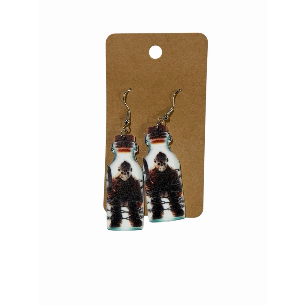 Friday the 13th Bottle Acrylic Drop Earrings Horror Slasher Mask